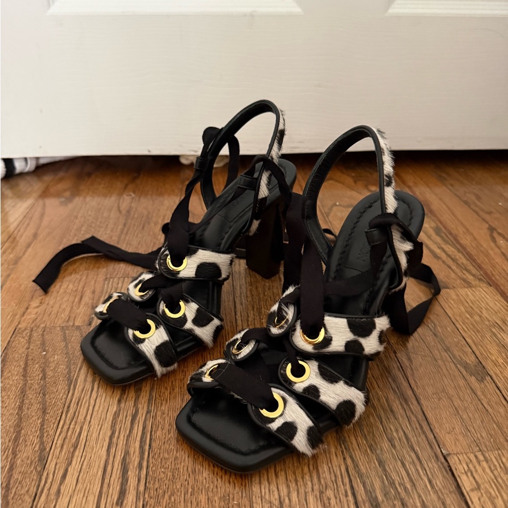 Ulla Johnson Black and White Leopard Haircalf Lace-Up Heels